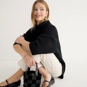 J.CREW Turtleneck Cotton Poncho  Black Button 3/4 Sleeve Chunky Longline Sz S/M